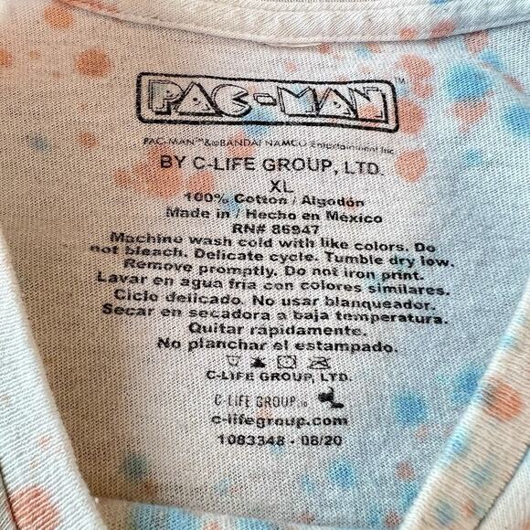 Pac-Man Running & Eating Logo Crew Neck Shirt Men XL White Tie Dyed Retro Gaming - Picture 3 of 8